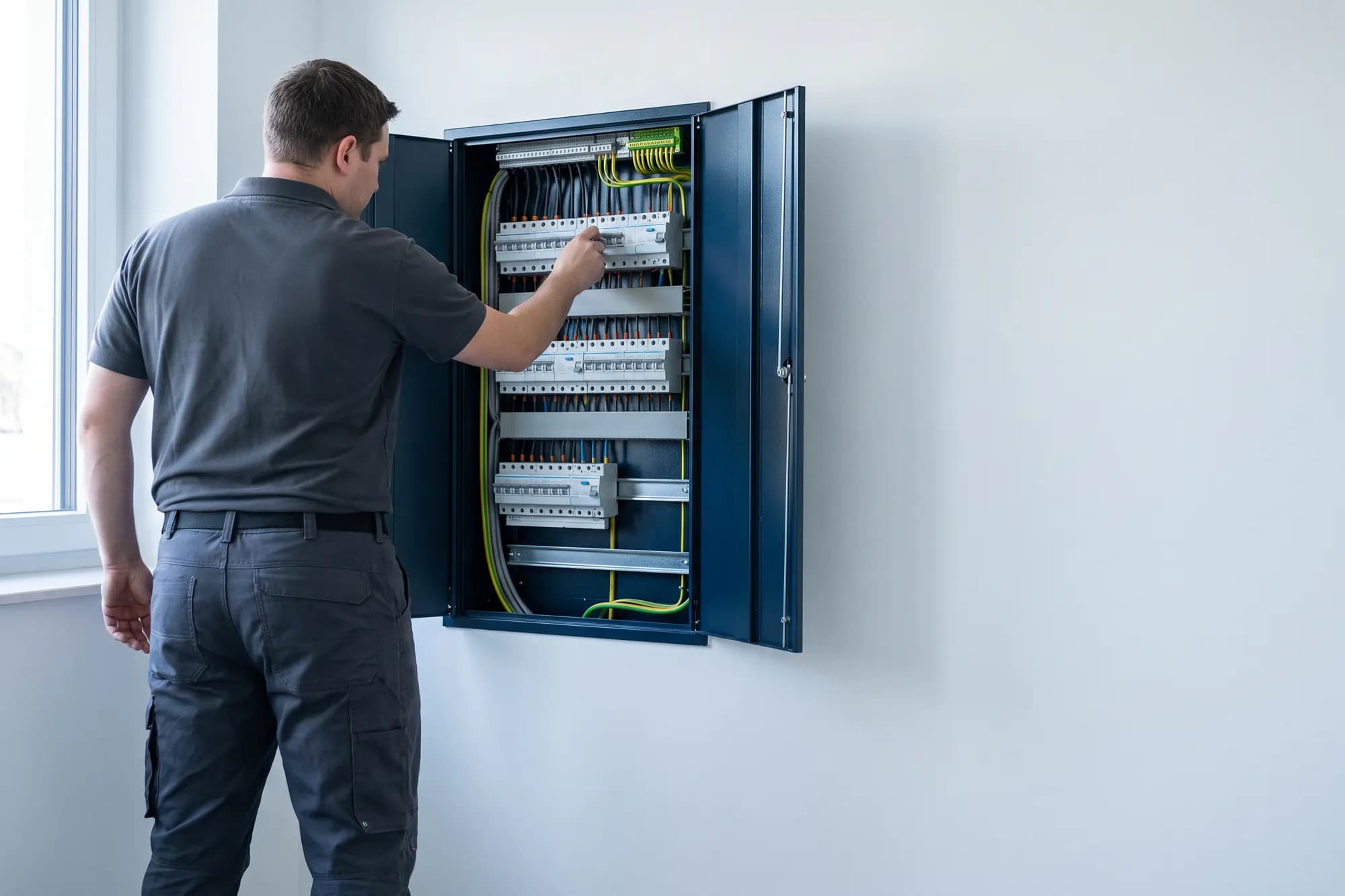 Geöffneter Elektroverteiler mit Sicherungsautomaten und Schutzleiter; eine Fachkraft schaltet einen Leitungsschutzschalter.