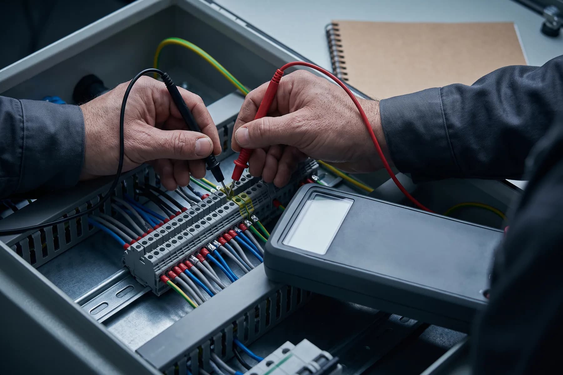 Messung an einer Klemmenleiste mit einem Multimeter im geöffneten Schaltkasten.